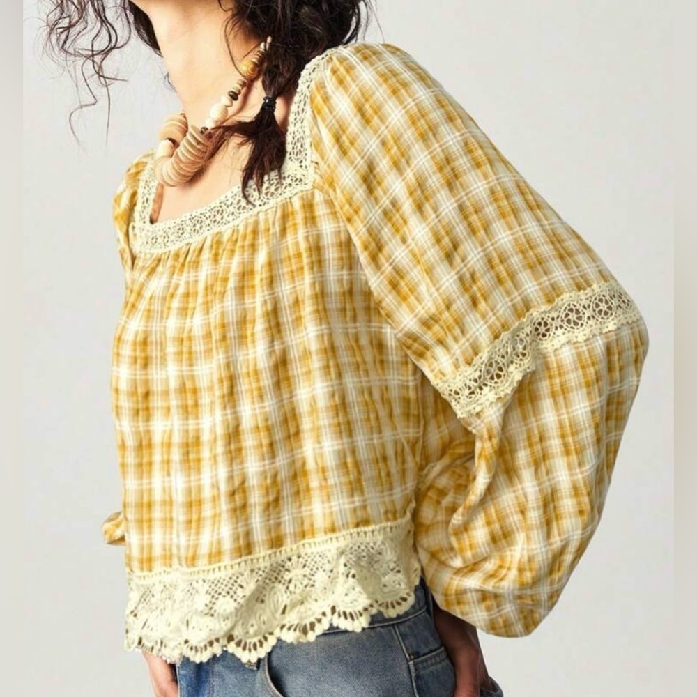 Yellow Plaid Women's Top with Lace Trim - Picture 6 of 9
